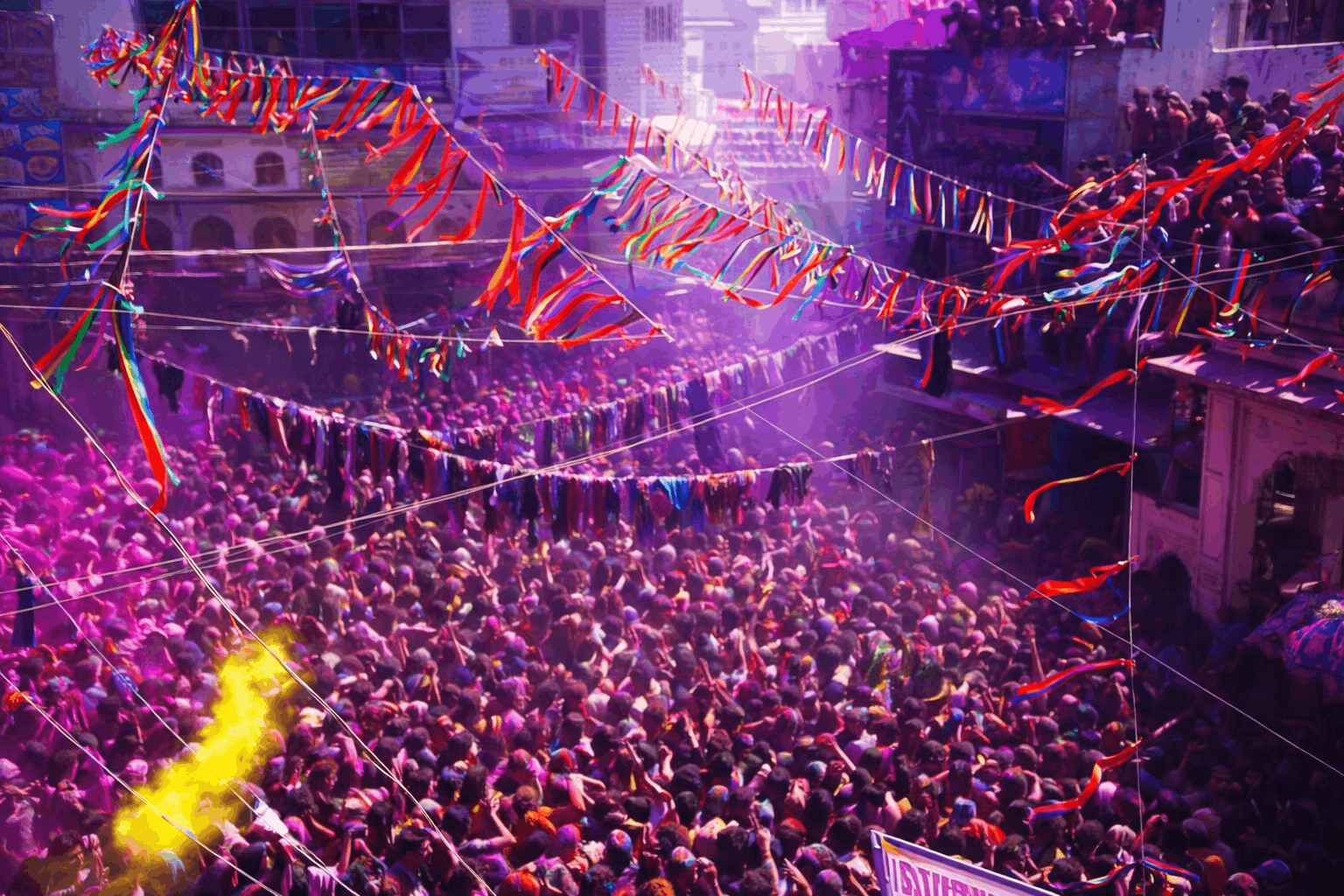 Street celebration during Pushkar Holi with people dancing and throwing colors
